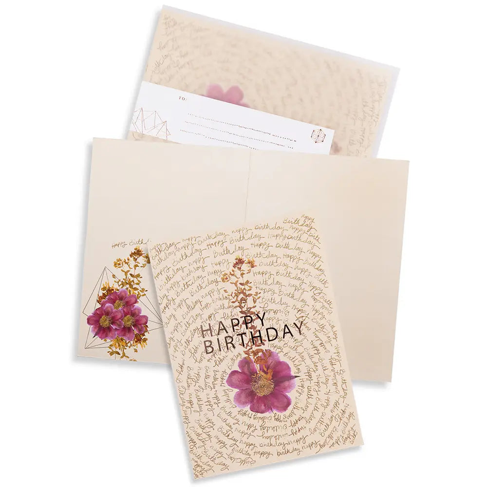Elegant birthday card with floral design and handwritten script, shown with matching envelope