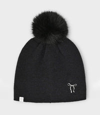 Black knit beanie with fluffy faux fur pom pom and small bow embroidery