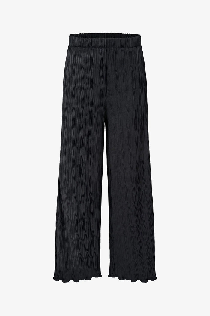 Black wide-leg pants with wave-textured fabric displayed front-facing