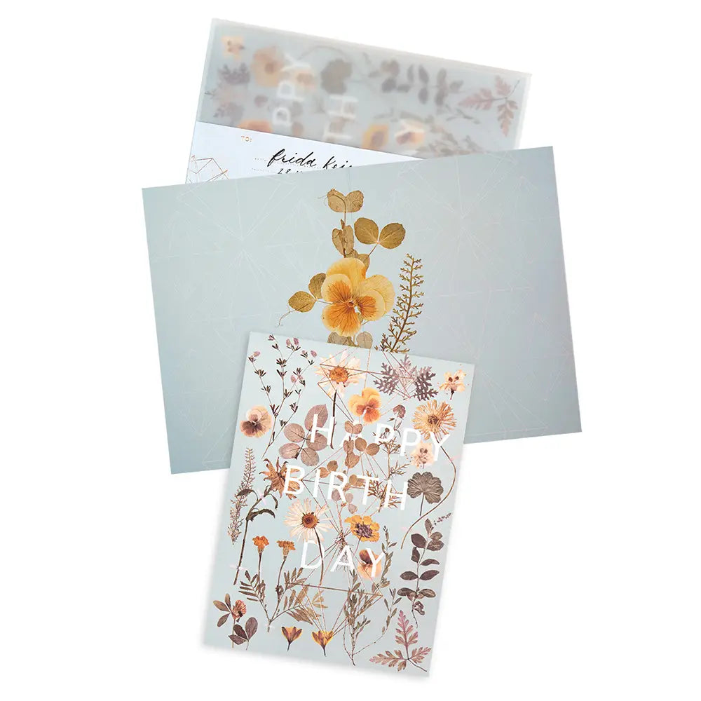 Set of botanical birthday card with matching envelope and floral vellum overlay