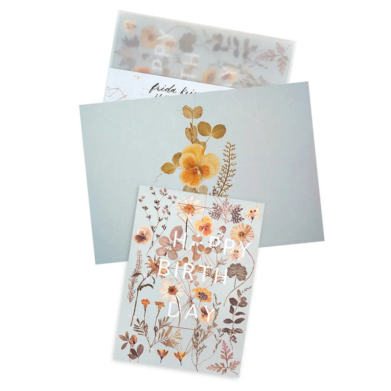 Set of botanical birthday card with matching envelope and floral vellum overlay
