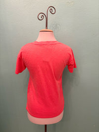 Back view of a bright coral V-neck t-shirt displayed on a mannequin