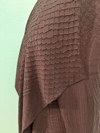 Front view of mauve waterfall cardigan with scalloped textured pattern