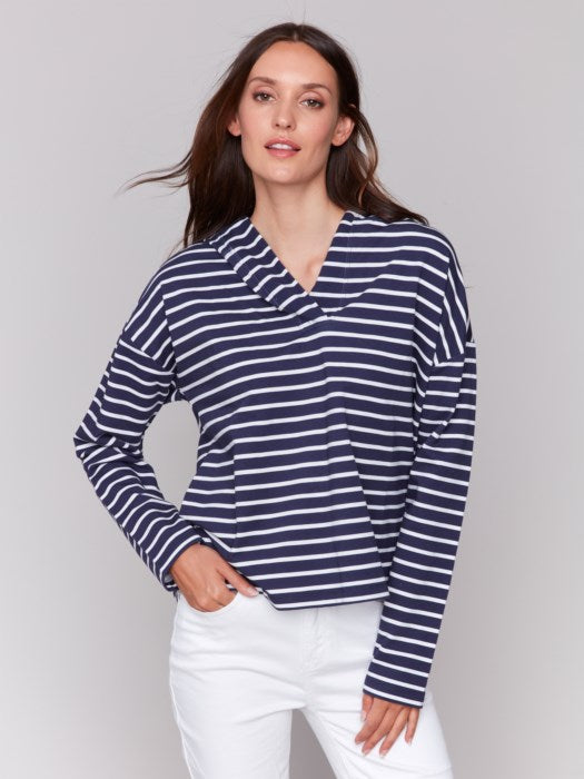 V-NECK HOODIE NAVY/WHITE STRIPE-CHARLIE B