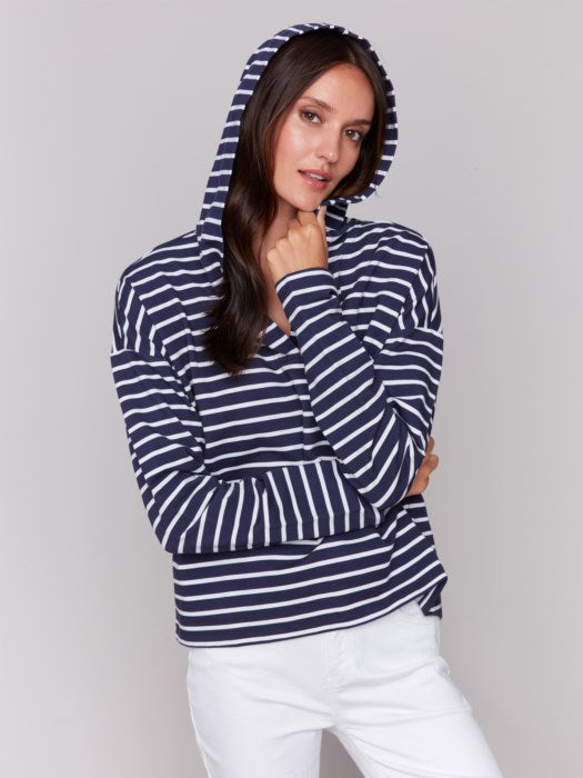 V-NECK HOODIE NAVY/WHITE STRIPE-CHARLIE B