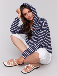 V-NECK HOODIE NAVY/WHITE STRIPE-CHARLIE B