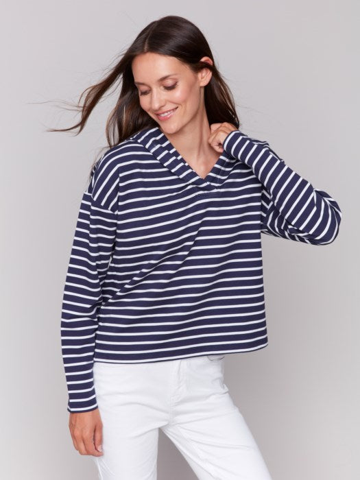 V-NECK HOODIE NAVY/WHITE STRIPE-CHARLIE B