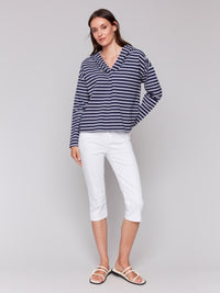 V-NECK HOODIE NAVY/WHITE STRIPE-CHARLIE B