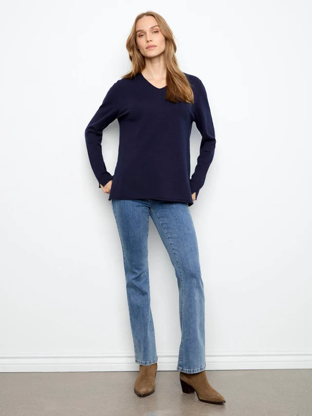 BASIC LONG SLEEVE V-NECK SWEATER-NAVY-CHARLIE B