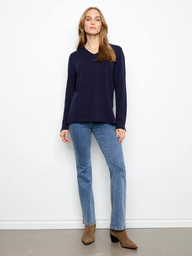 BASIC LONG SLEEVE V-NECK SWEATER-NAVY-CHARLIE B