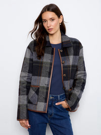 REVERSIBLE PLAID JACKET W/LEATHER BINDING-NAVY-CHARLIE B