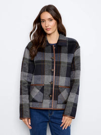 REVERSIBLE PLAID JACKET W/LEATHER BINDING-NAVY-CHARLIE B