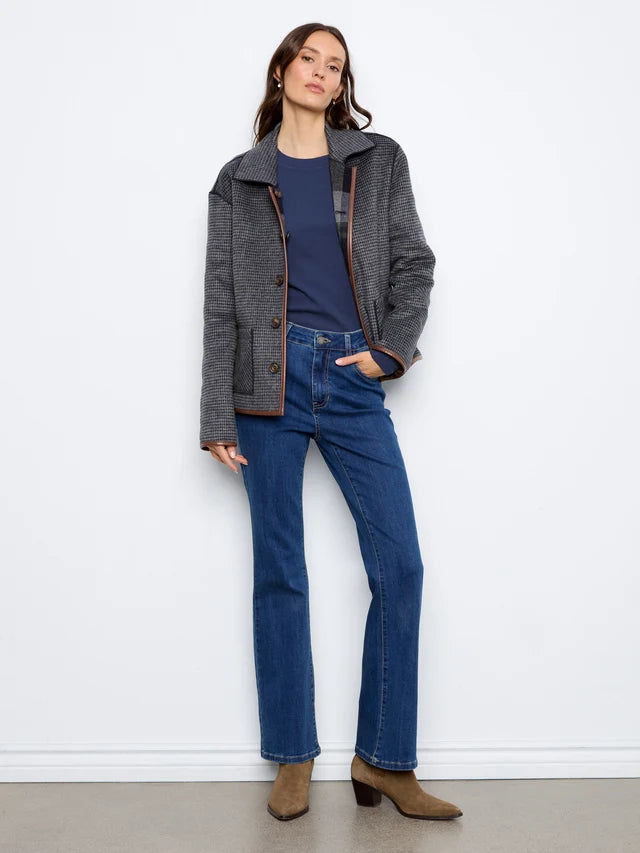 REVERSIBLE PLAID JACKET W/LEATHER BINDING-NAVY-CHARLIE B