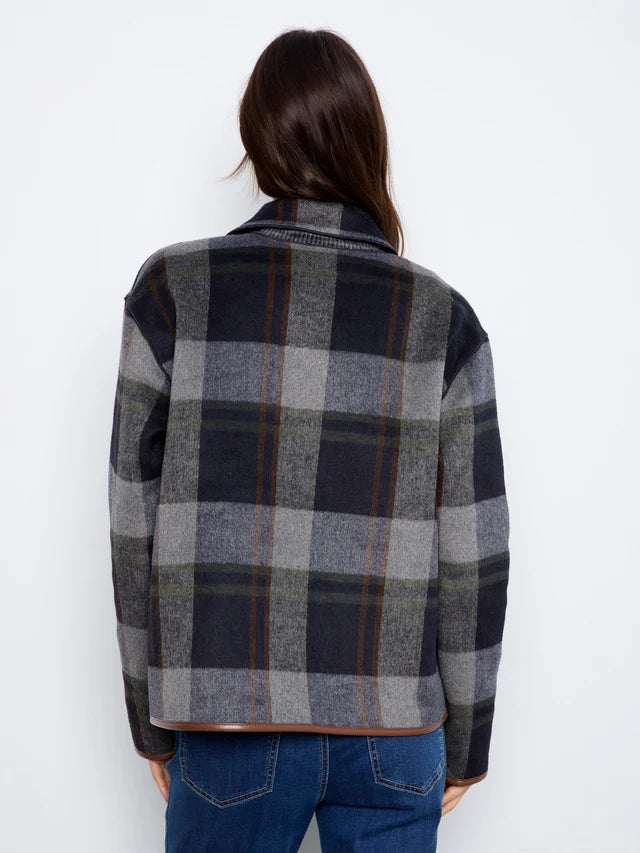 REVERSIBLE PLAID JACKET W/LEATHER BINDING-NAVY-CHARLIE B