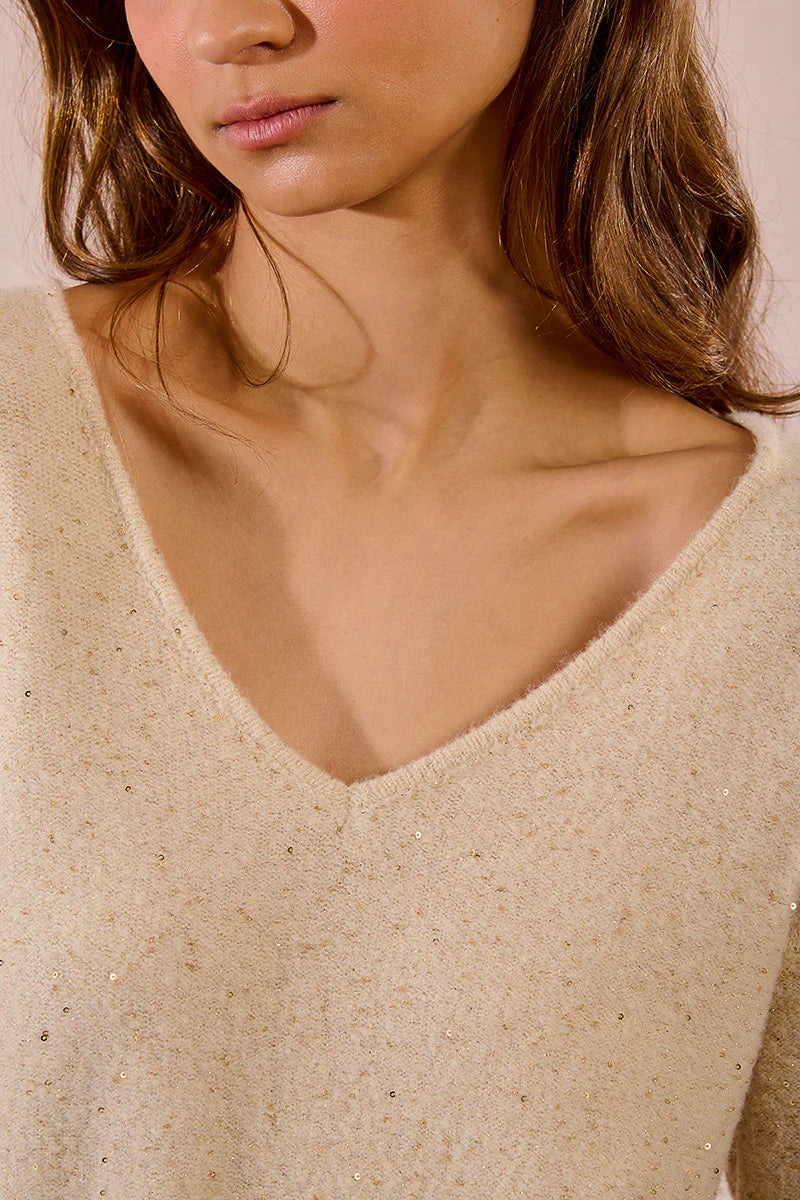 Close-up of woman wearing a champagne V-neck sweater with delicate sequins