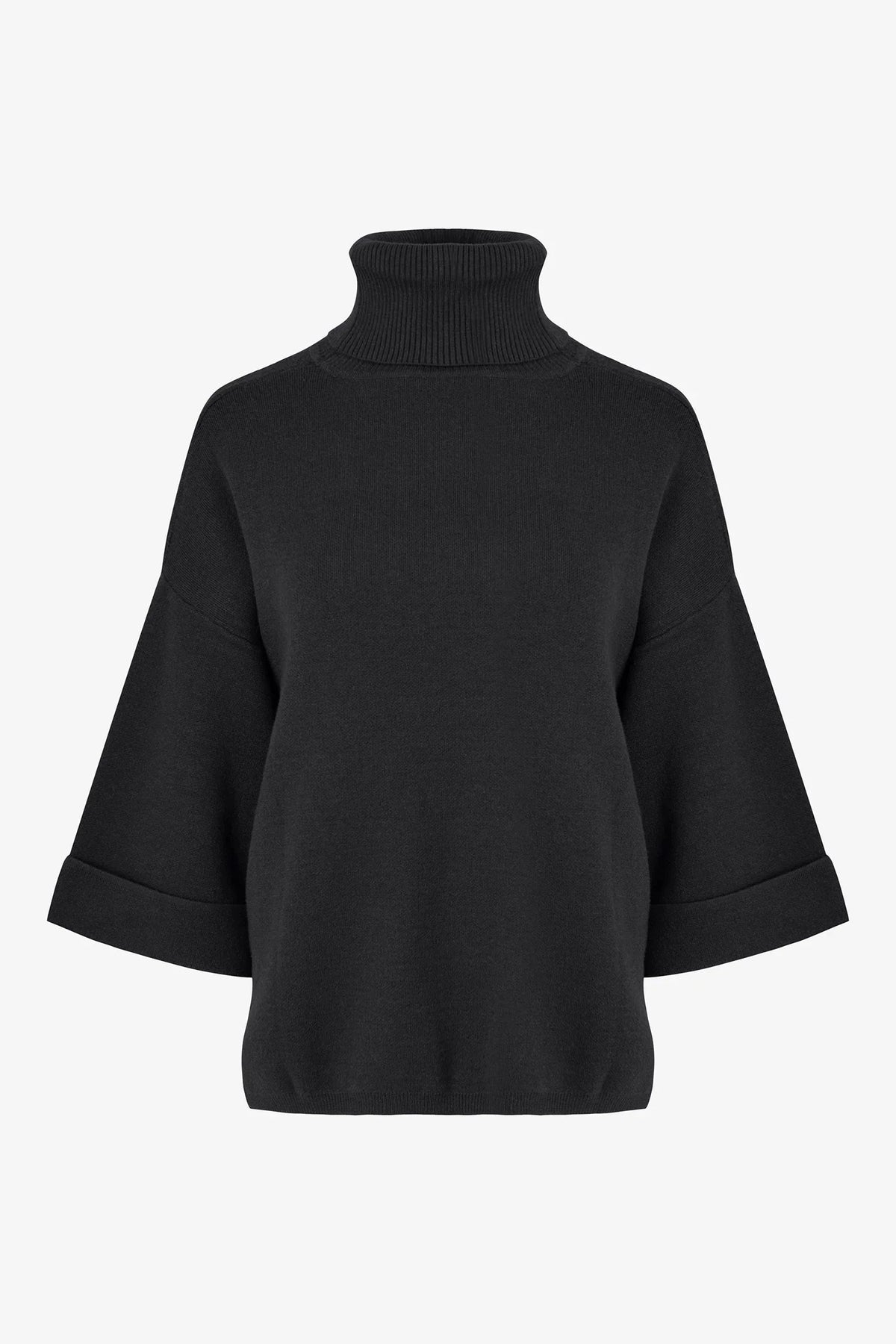 Black turtleneck knit sweater with wide mid-length sleeves and turned cuffs, displayed on a white background