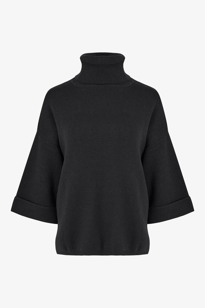 Black turtleneck knit sweater with wide mid-length sleeves and turned cuffs, displayed on a white background