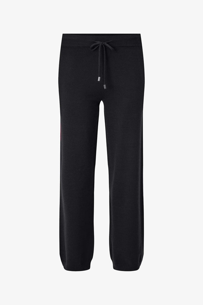 Front view of classic black knit jogger pants with drawstring waist