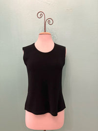 Front view of a classic black sleeveless knit top displayed on a mannequin