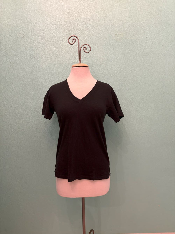 Front view of a classic black V-neck short sleeve women's t-shirt on a mannequin
