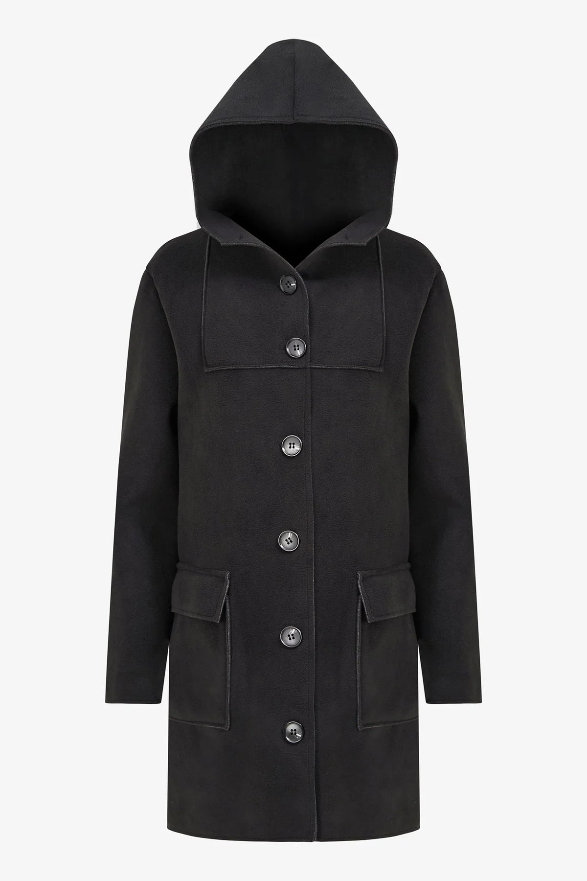 Front view of classic black wool hooded coat with button closure and pockets
