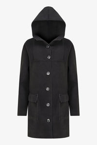 Front view of classic black wool hooded coat with button closure and pockets