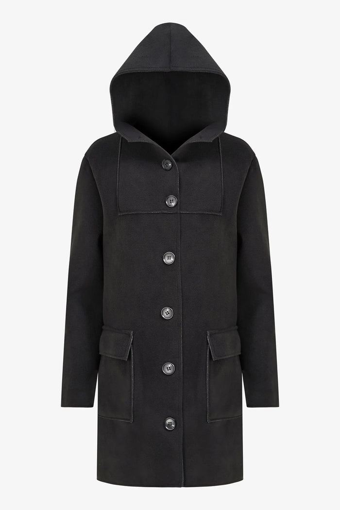 Front view of classic black wool hooded coat with button closure and pockets