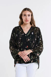 Close-up front shot of a black floral sheer blouse with nature-inspired details