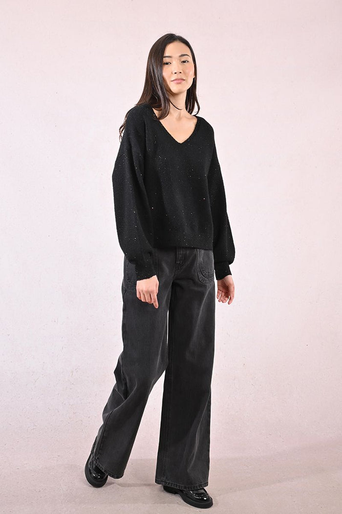 OVERSIZED V-NECK KNITTED SWEATER-BLACK-MOLLY BRACKEN