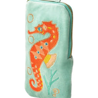 Turquoise pouch with colorful embroidered seahorse and underwater design