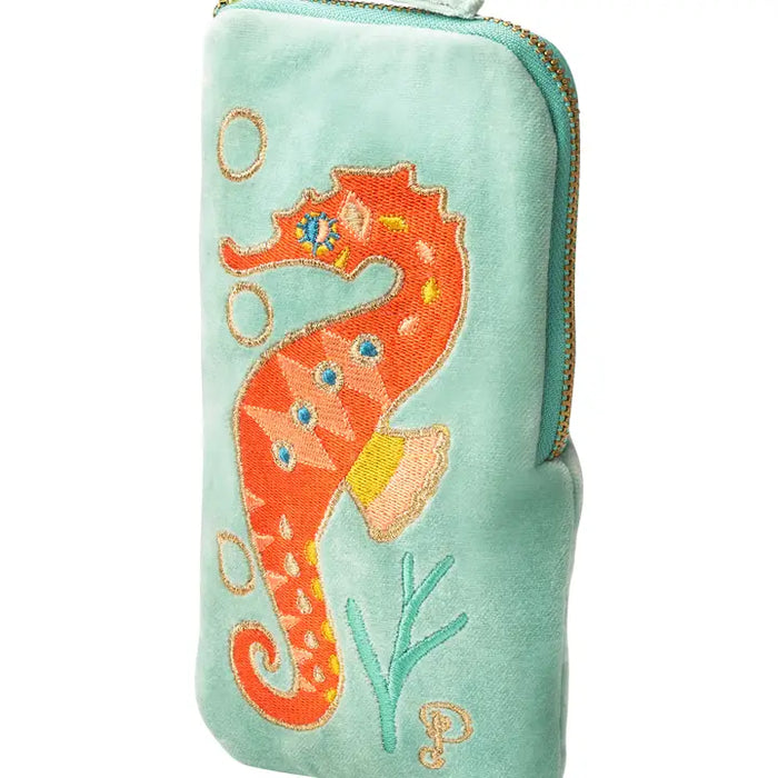 Turquoise pouch with colorful embroidered seahorse and underwater design