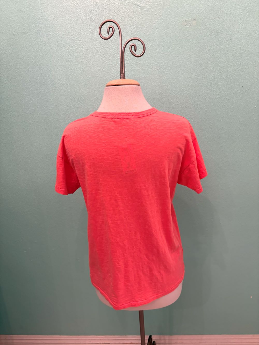 Back view of a coral pink short sleeve women's t-shirt displayed on mannequin