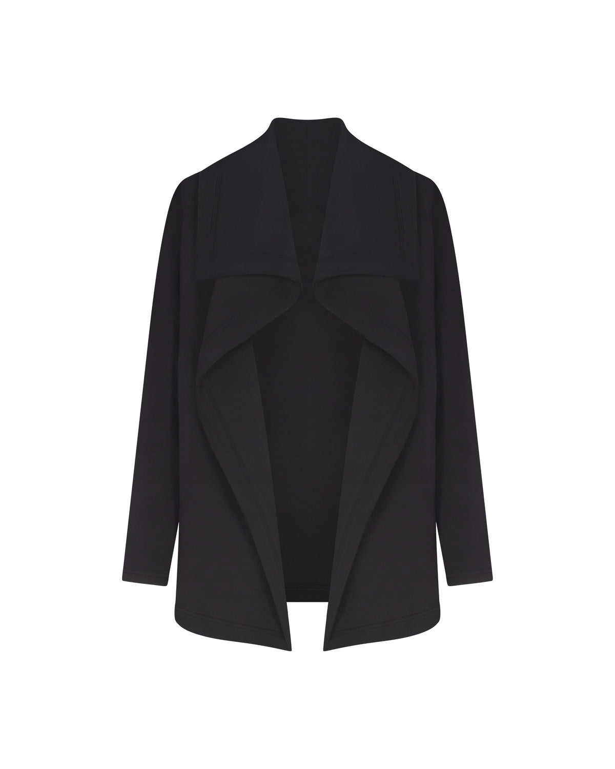 Black drape front cardigan displayed flat on a white background