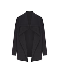 Black drape front cardigan displayed flat on a white background