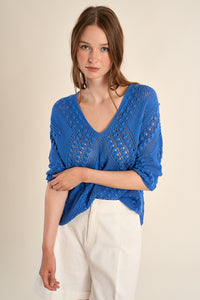OPEN WEAVE V-NECK SWEATER-BLUE-MOLLY BRACKEN