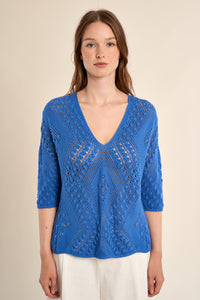 OPEN WEAVE V-NECK SWEATER-BLUE-MOLLY BRACKEN