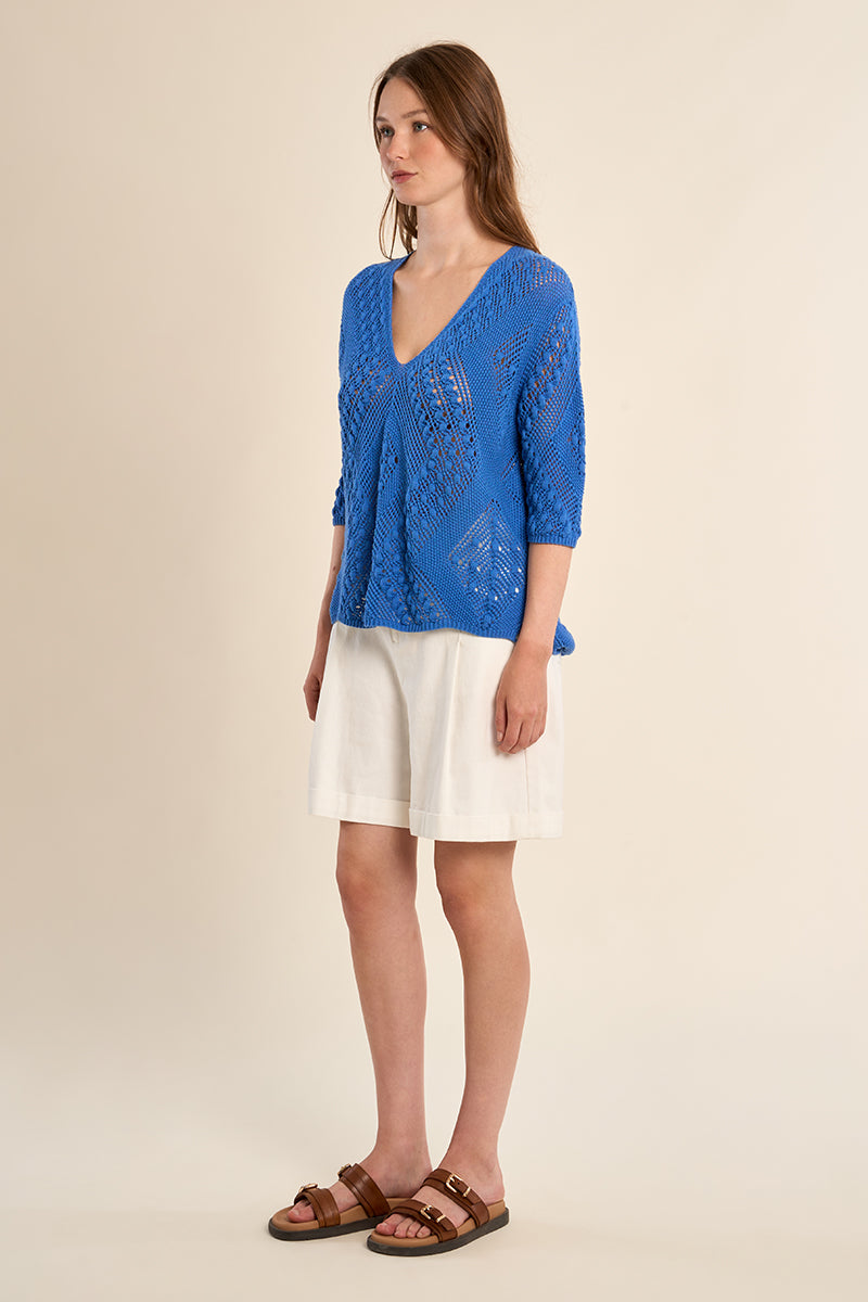 OPEN WEAVE V-NECK SWEATER-BLUE-MOLLY BRACKEN