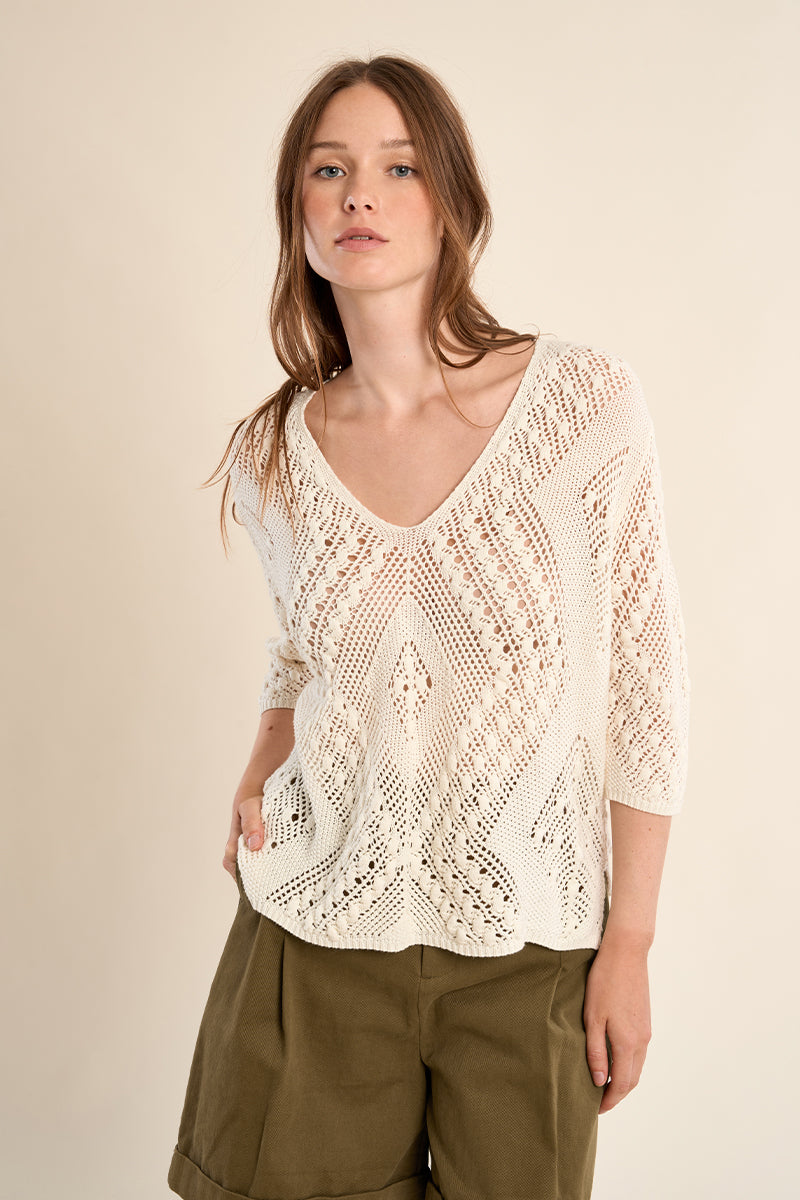 OPEN WEAVE V-NECK SWEATER-OFF WHITE-MOLLY BRACKEN