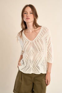 OPEN WEAVE V-NECK SWEATER-OFF WHITE-MOLLY BRACKEN
