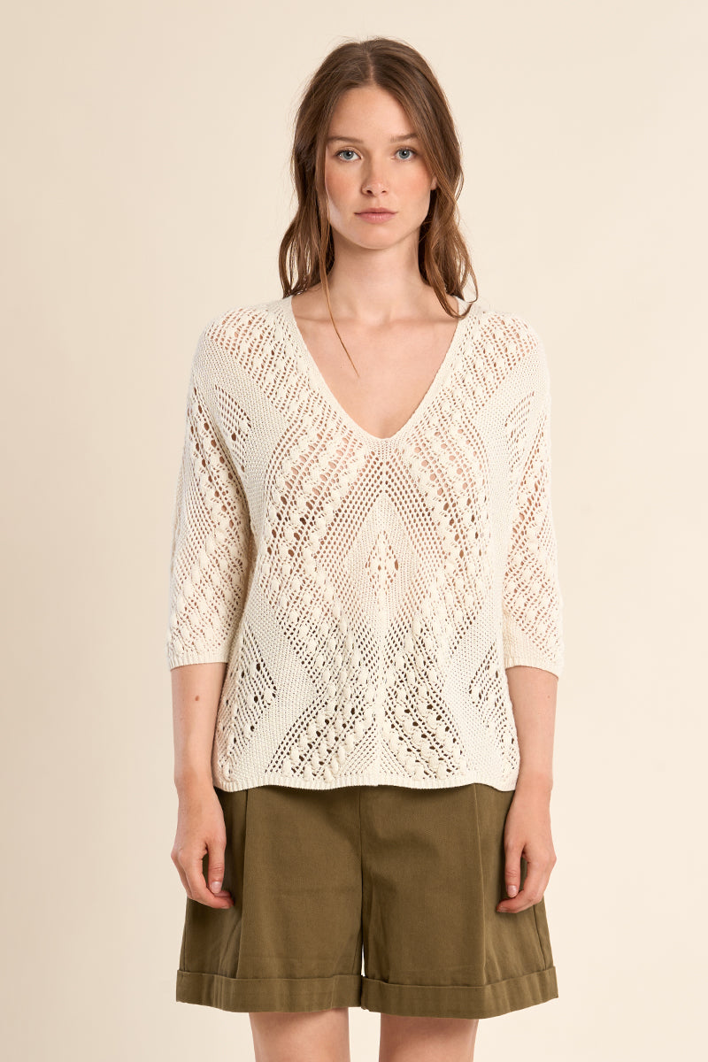 OPEN WEAVE V-NECK SWEATER-OFF WHITE-MOLLY BRACKEN