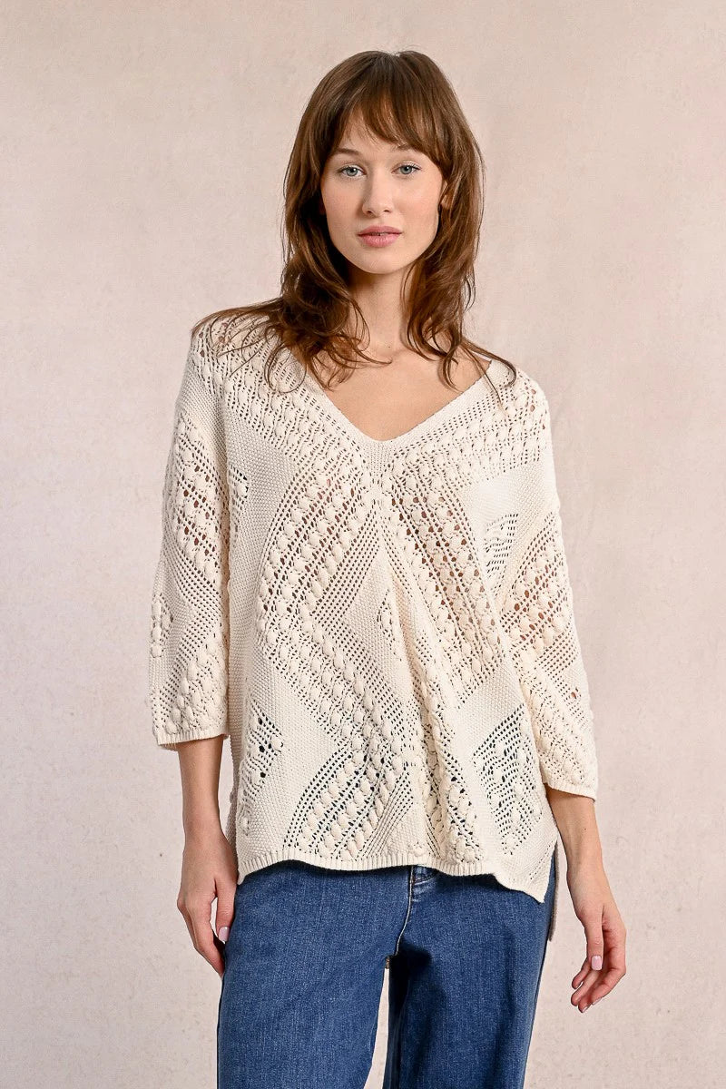 OPEN WEAVE V-NECK SWEATER-OFF WHITE-MOLLY BRACKEN