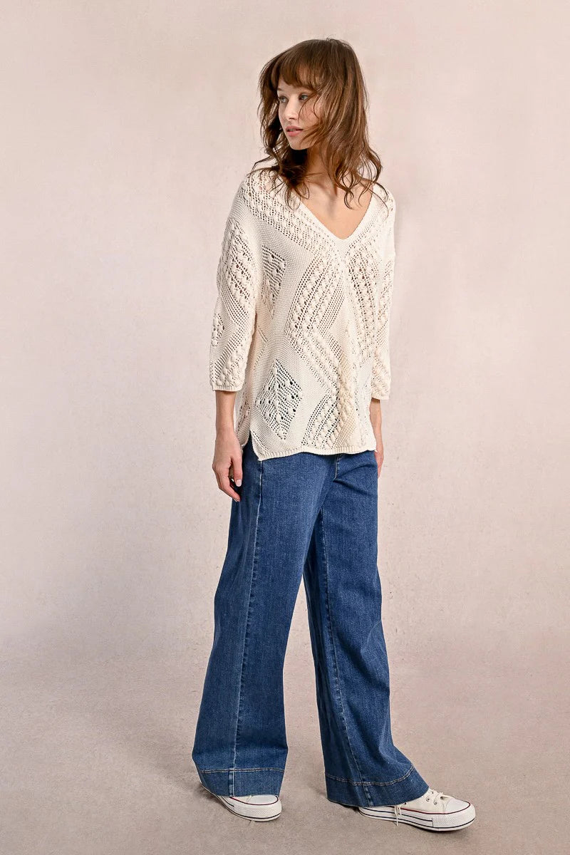 OPEN WEAVE V-NECK SWEATER-OFF WHITE-MOLLY BRACKEN