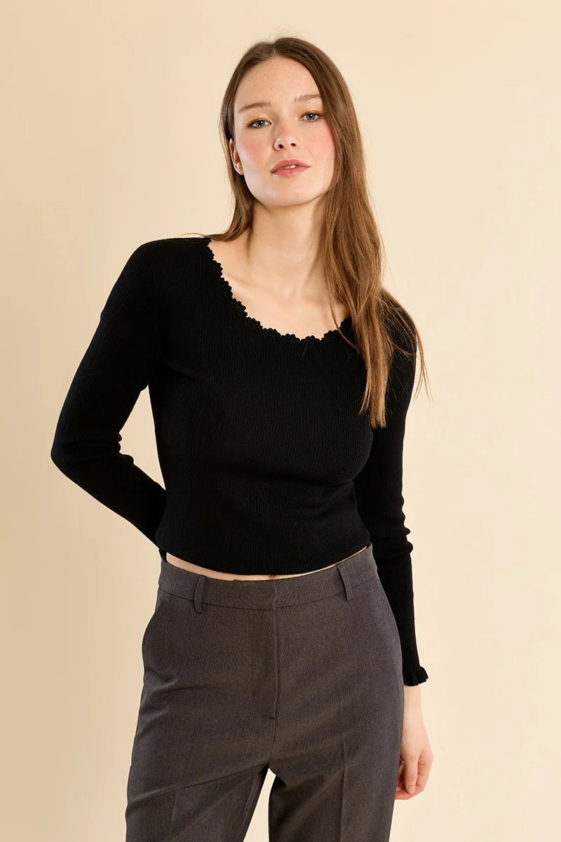 LACE COLLAR RIB KNIT SWEATER-BLACK-MOLLY BRACKEN