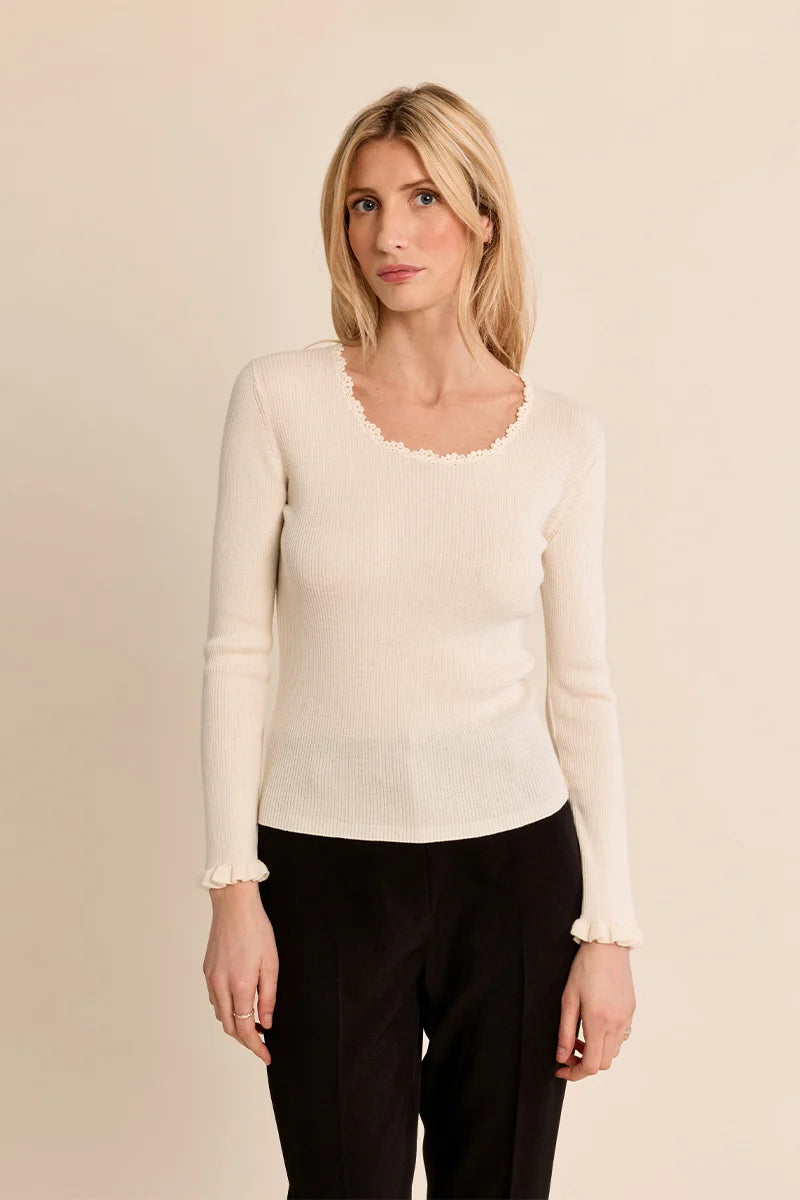LACE COLLAR RIB KNIT SWEATER-CREAM-MOLLY BRACKEN