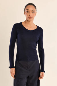 LACE COLLAR RIB KNIT SWEATER-NAVY BLUE-MOLLY BRACKEN