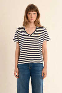 STRIPE V-NECK TEE W/HEART DETAIL-MOLLY BRACKEN