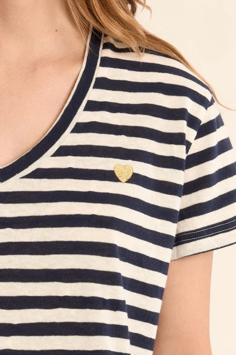 STRIPE V-NECK TEE W/HEART DETAIL-MOLLY BRACKEN