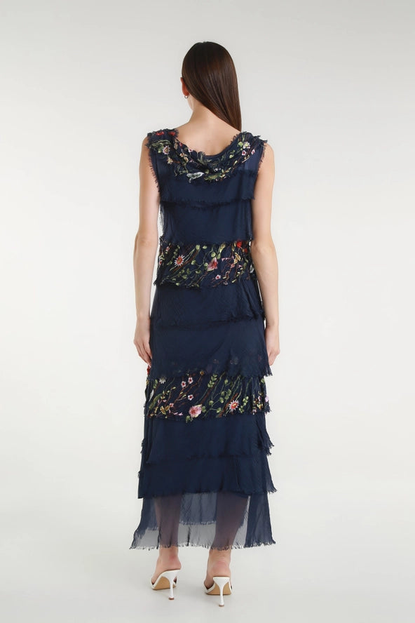 EMBROIDERED ALEENA SILK MAXI RUFFLE DRESS-ONE SIZE-TEES BY TINA
