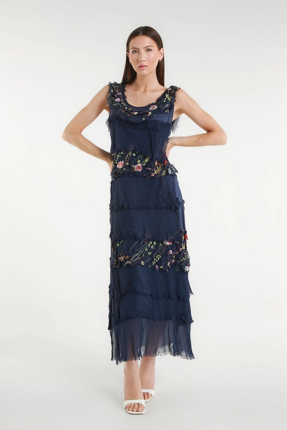 EMBROIDERED ALEENA SILK MAXI RUFFLE DRESS-ONE SIZE-TEES BY TINA
