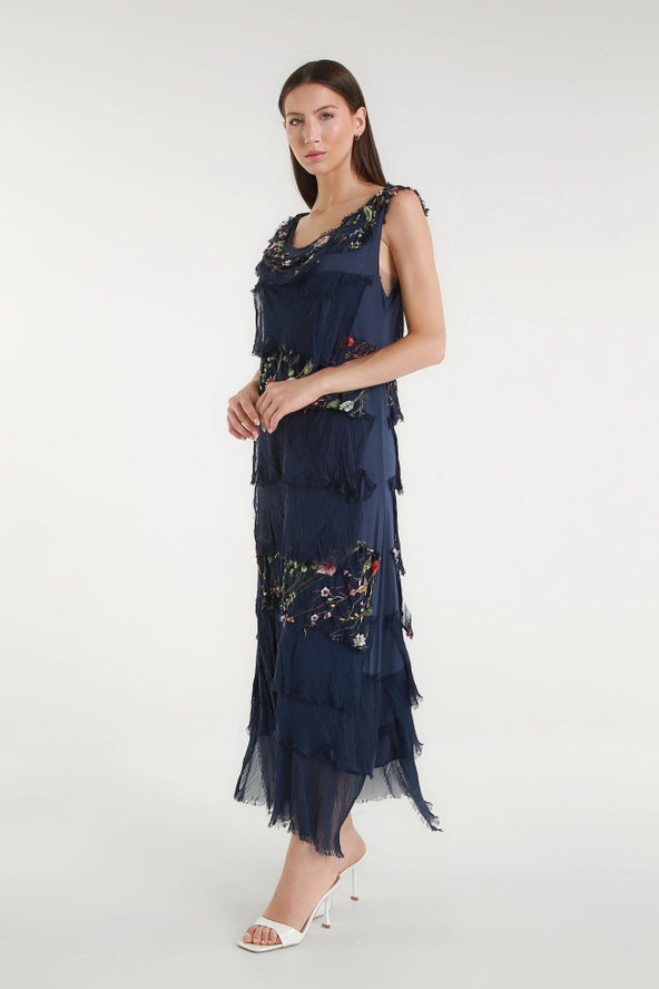 EMBROIDERED ALEENA SILK MAXI RUFFLE DRESS-ONE SIZE-TEES BY TINA
